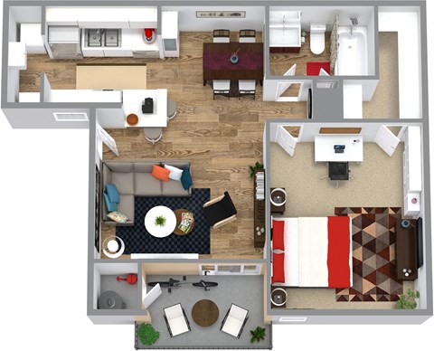 Floor plan for 1 bed, 1 bath, 691 sqft